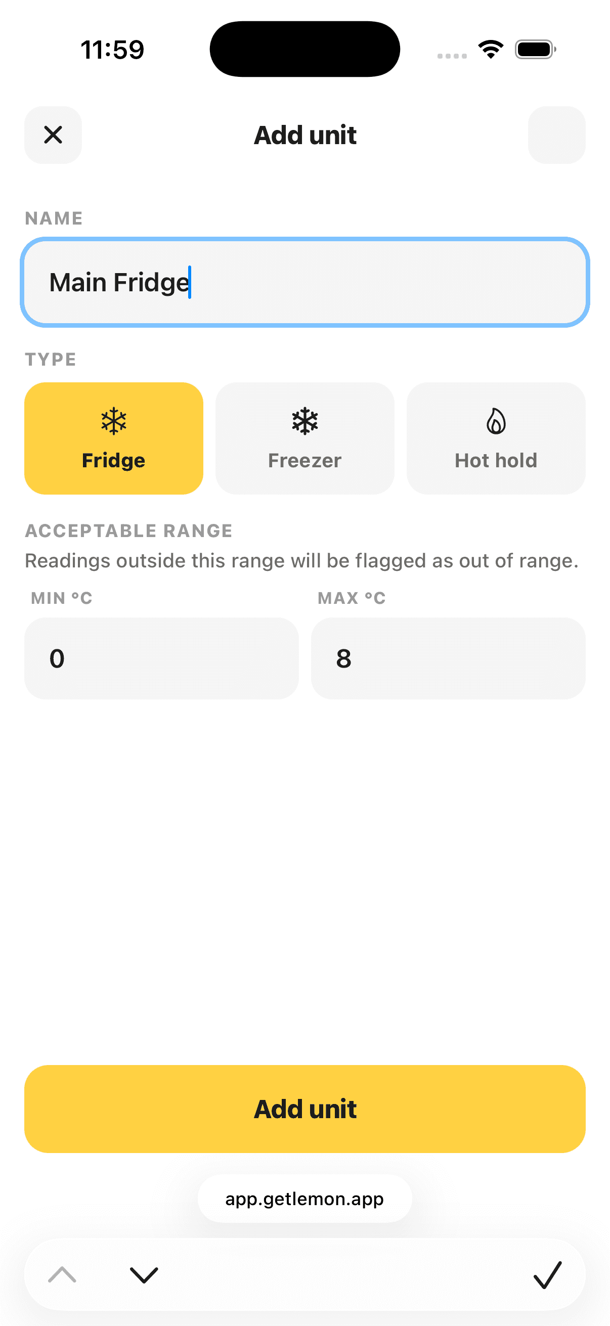 Adding a new fridge in Lemon, with a name field and a target temperature range.