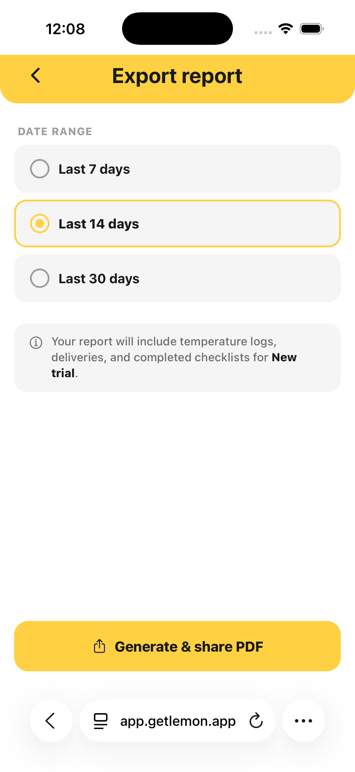 The export screen in Lemon, picking a date range to export as a PDF.