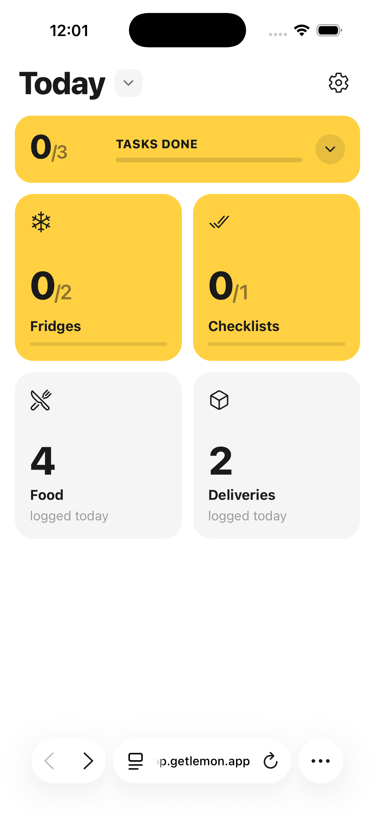 The Today screen showing the tasks done counter and the four tiles for fridges, checklists, food, and deliveries.